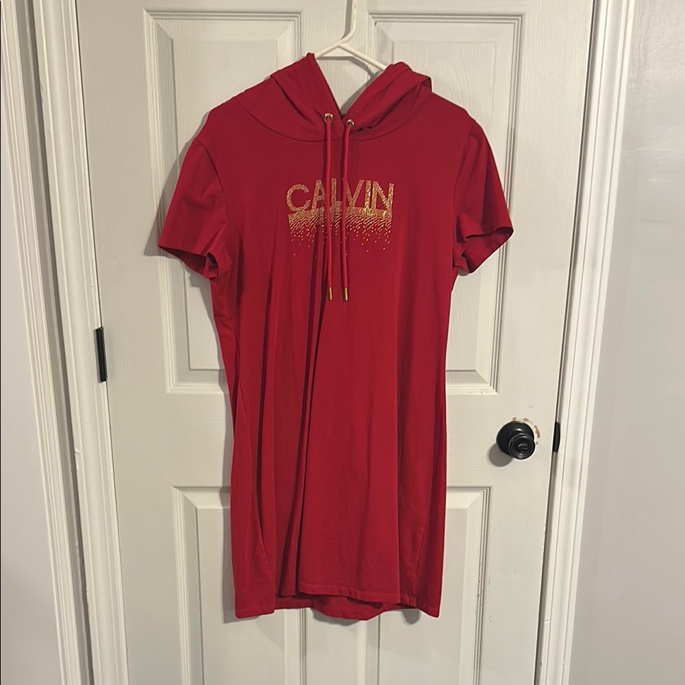 Calvin Klein Red Hooded T-Shirt Dress